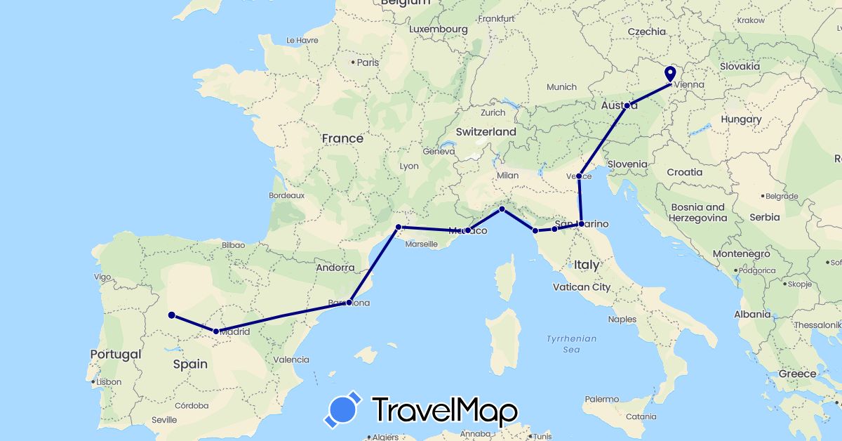 TravelMap itinerary: driving in Austria, Spain, France, Italy, Monaco, San Marino (Europe)